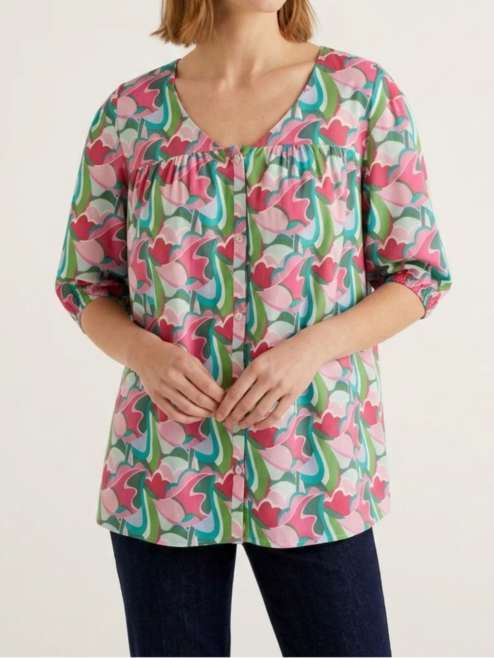Michelle McDowell Colorful Printed V-Neck Puff Sleeve Blouse Preppy Artsy Sz XL